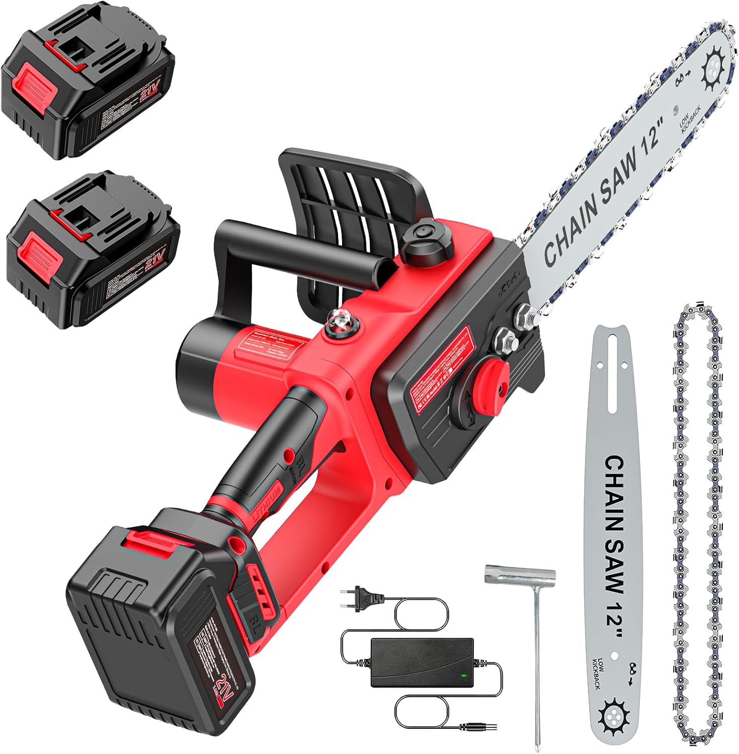 Trononneuse sans balais avec batterie 3000mAh * 2, 12 pouces scie à chane électrique sans fil, scie à chane électrique à une main, scie à chane manuelle sans fil avec verrouillage de sécurité