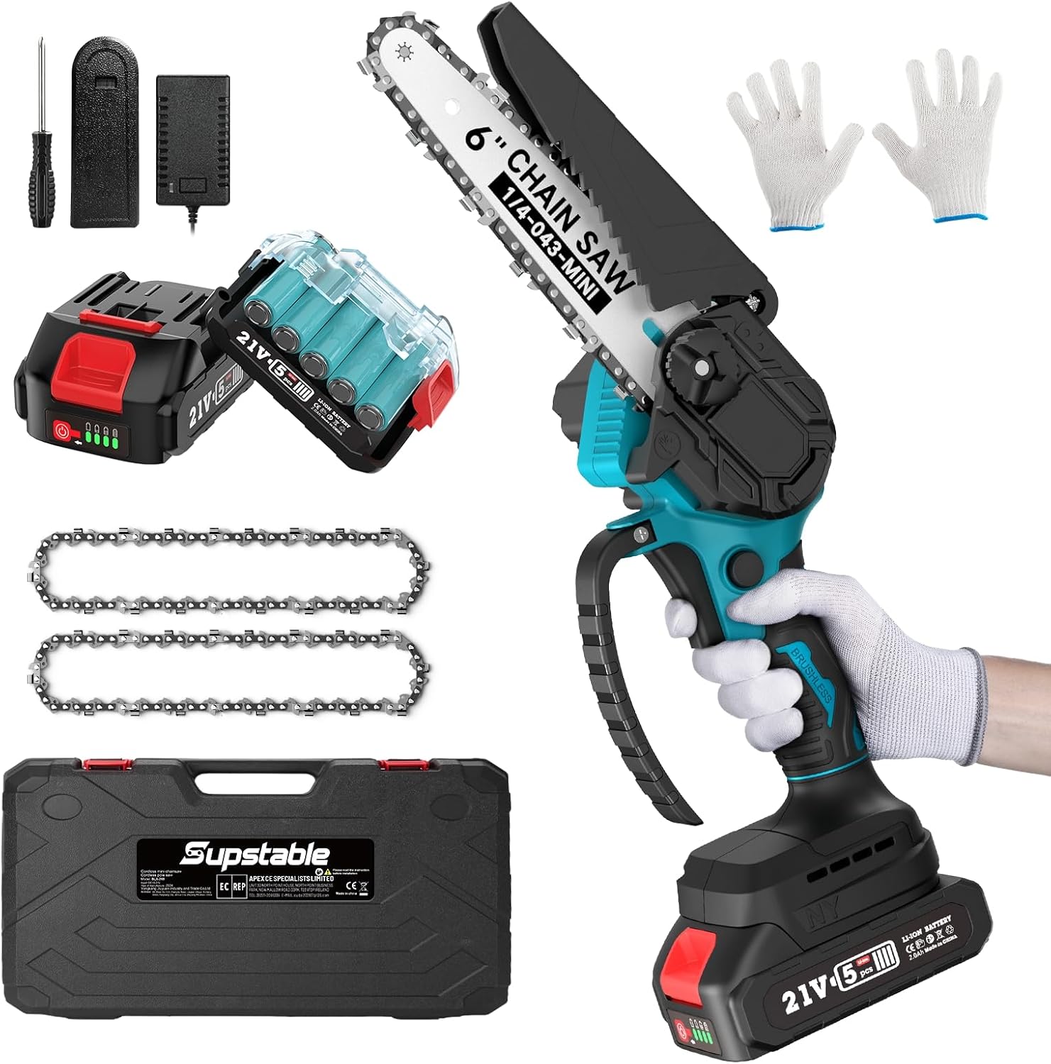 Supstable Mini Trononneuse à Batterie 6 et 8 Pouces, 8000mAh Trononneuse électrique 900W Sans Fil, D'huile Automatique & Tension de Chane Sans Outil, Compatible avec Makita 18V