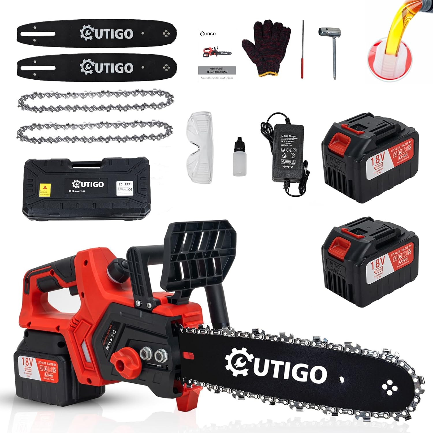 OUTIGO Trononneuse à batterie, Trononneuse, Trononneuse 12 pouces, Trononneuse 9000mAh, 2 Chane à angle droit pointue+2 barres de guidage de chane,MINI Trononneuse électrique sans fil