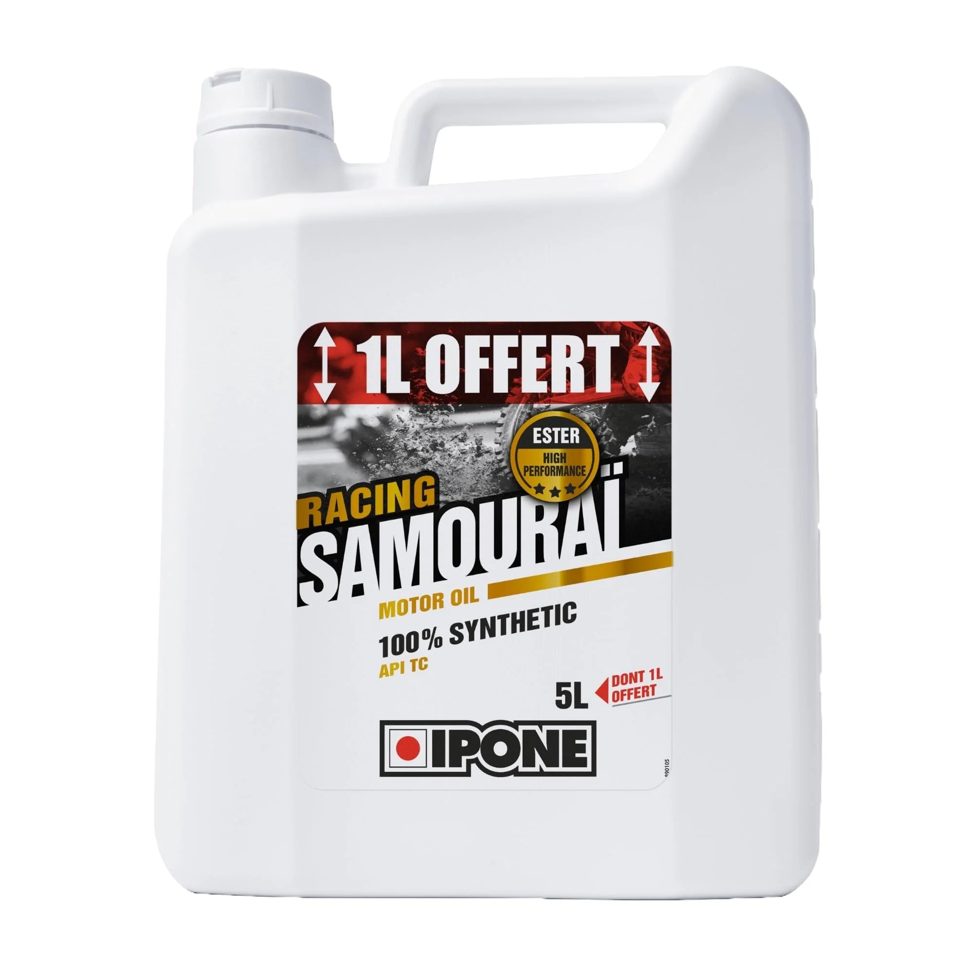 IPONE - Huile Moteur Moto 2 Temps Samouraï Racing - 100 % Synthétique avec Esters - Très Haute Performance – Compatible Mélange, Graissage Séparé, Systèmes d'injection - Bidon 5L dont 1L Offert