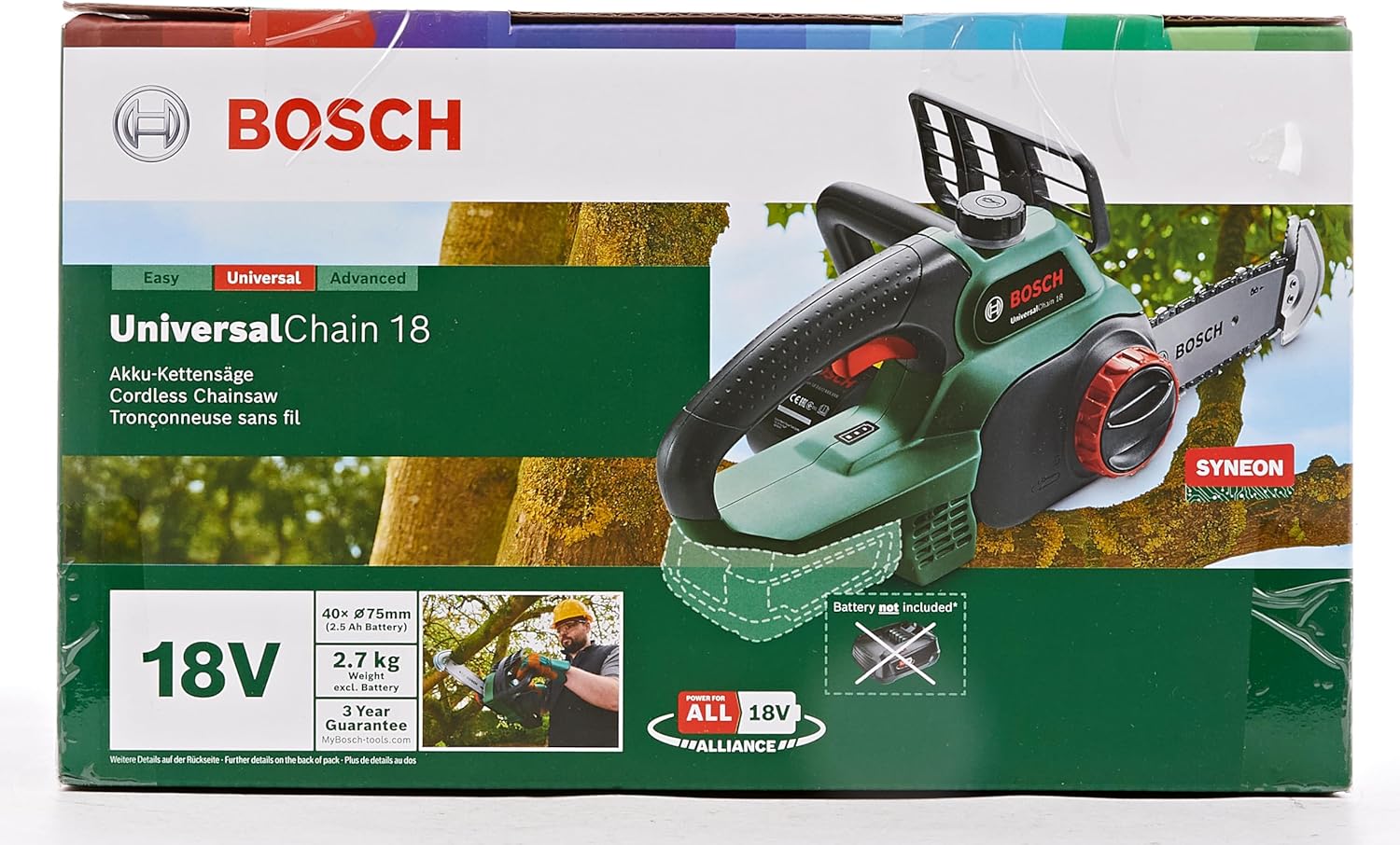 Bosch Home and Garden Trononneuse sans fil - UniversalChain 18 (Livrée sans batterie ni chargeur, avec huile 80 ml, système 18V, longueur de guide: 20cm) 06008B8001 Vert