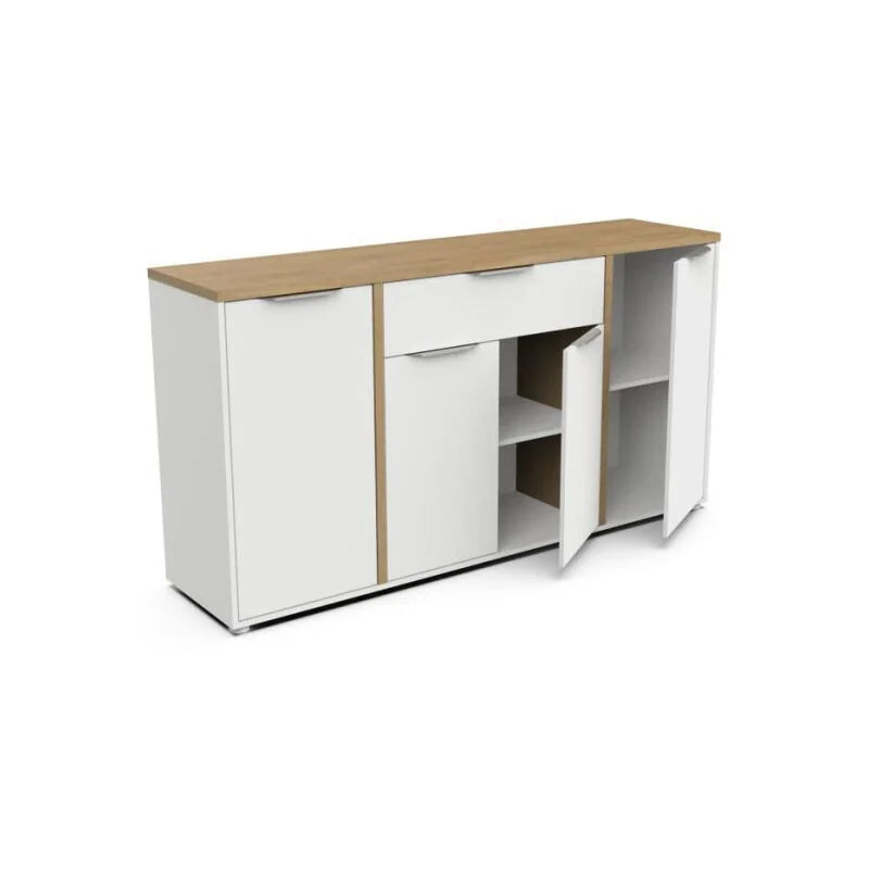 Ensemble Salon ACCESS : Table basse + Banc TV + Enfilade 4 portes - Decor chene Hamilton et blanc