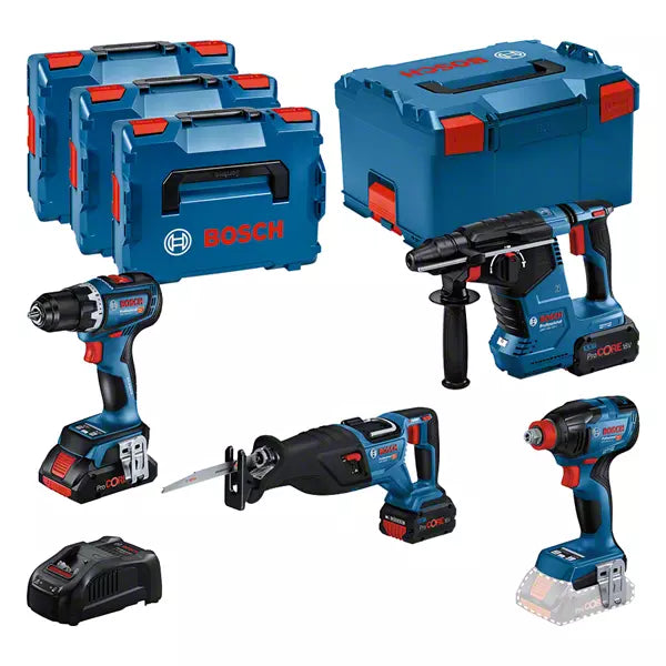 BOSCH COMBI-KIT 4 OUTILS 18V : GSR 18V-90C + GDX 18V-210C + GBH 18V-24C + GSA 18V-28 + 1 BATTERIE 4,0 AH (PROCORE) + 2 BATTERIES 5,5 AH (PROCORE) + GAL 1880CV (L)PROFESSIONAL