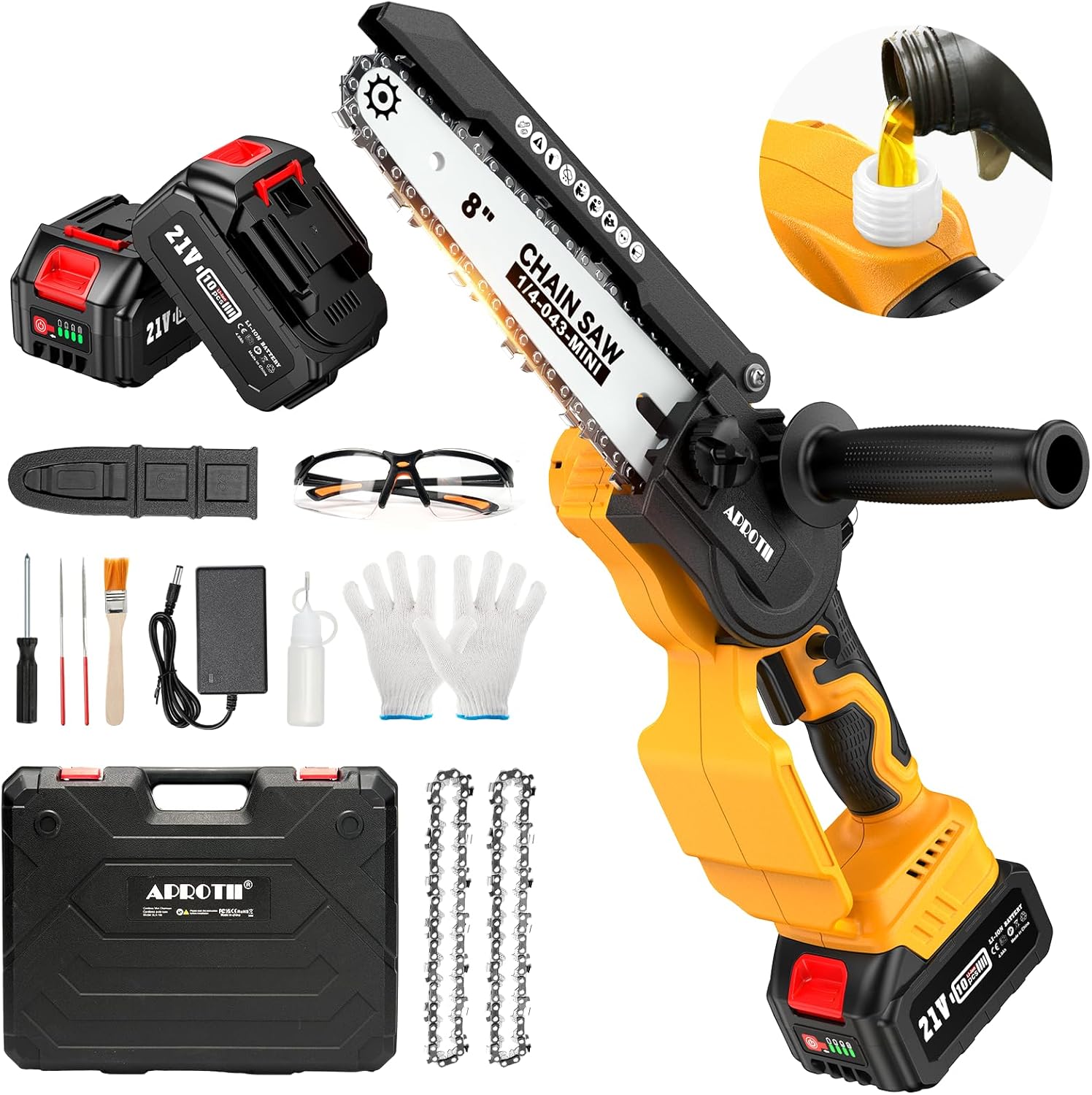 APROTII Mini Trononneuse à Batterie 8000mAh, 900W Brushless Scie à Batterie pour l'lagage, Tension de Chane Sans Outils, Trononneuse lectrique à Batterie pour la Coupe du Bois et Jardinage