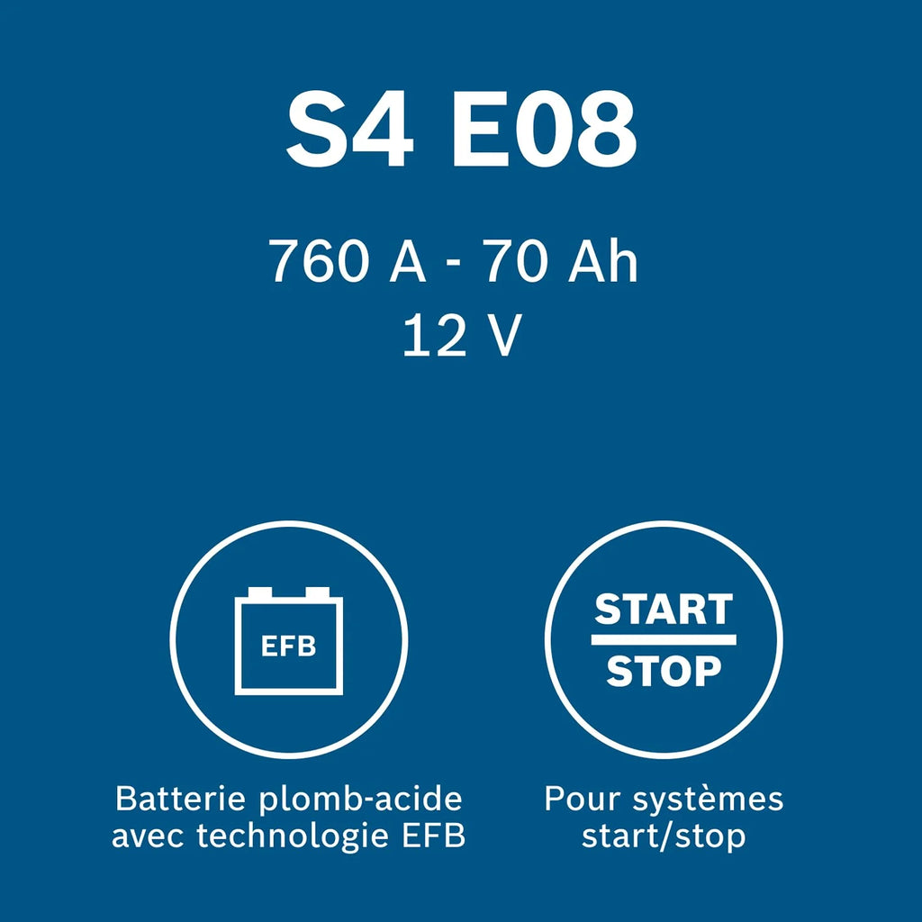 Bosch S4 E08 Batterie Auto 70 A/h - 760 A - Batterie 12 V, EFB Plomb-acide pour Véhicules avec Système Start/Stop, Polarité Gauche (-) Droite (+), 278 x 175 x 190 mm