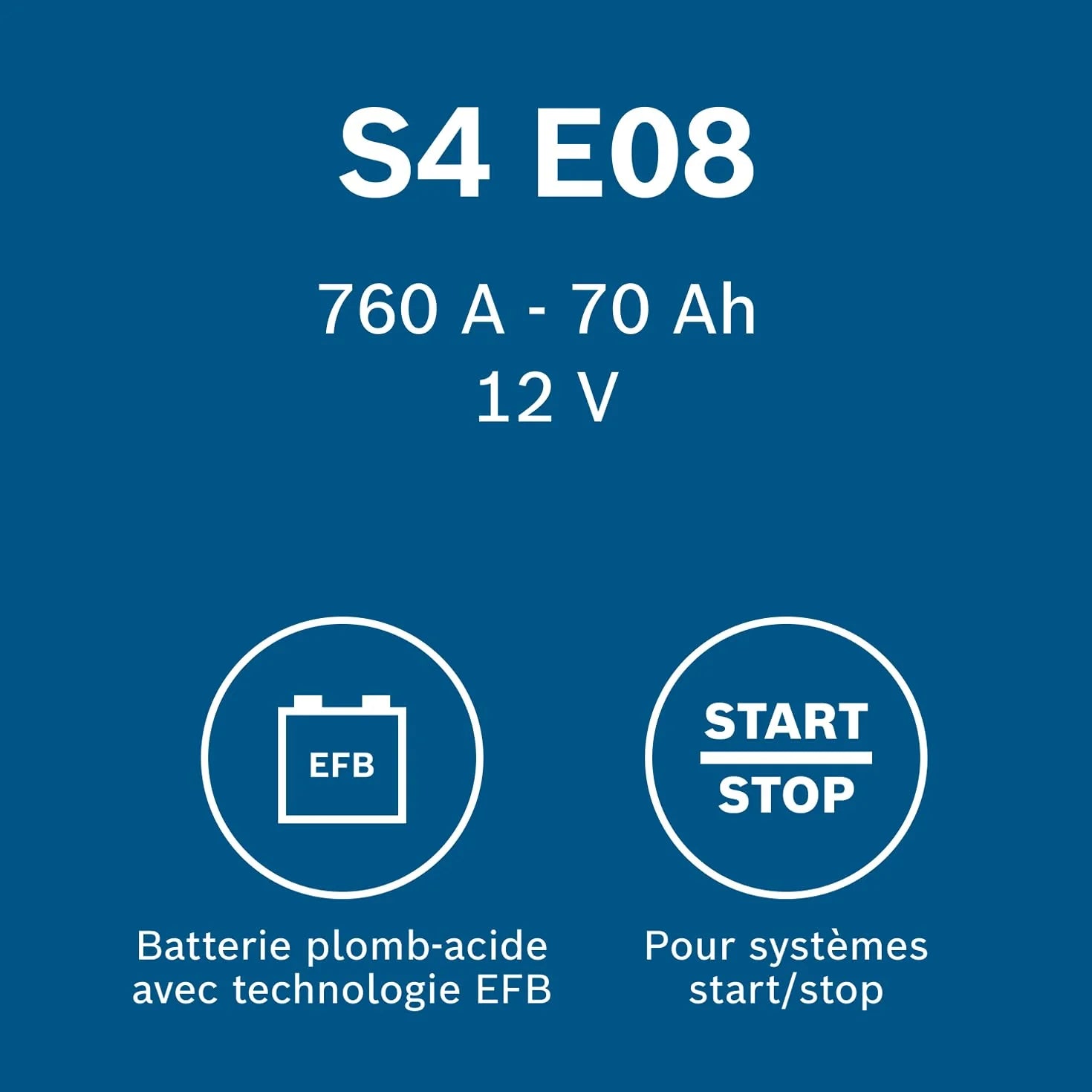 Bosch S4 E08 Batterie Auto 70 A/h - 760 A - Batterie 12 V, EFB Plomb-acide pour Véhicules avec Système Start/Stop, Polarité Gauche (-) Droite (+), 278 x 175 x 190 mm