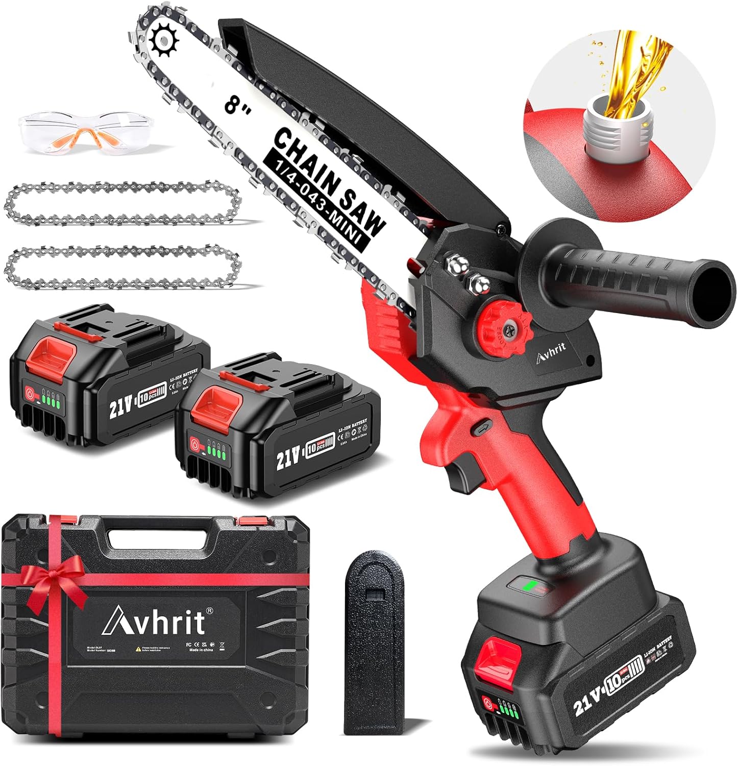Avhrit Mini Trononneuse à Batterie, 8 Pouces, 8000 mAh Trononneuse lectrique Sans Fil Brushless avec 2 Batteries 4.0 Ah et Système de Lubrification, Idéale pour Branches, Cour et Jardin