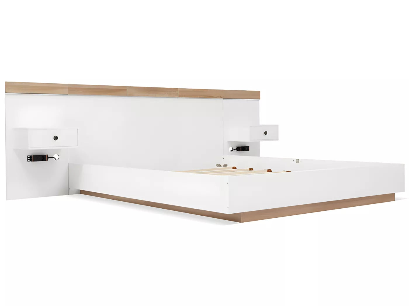 Lit adulte 180x200 cm en bois avec chevets suspendus + LED et ports USB + sommier à lattes - Blanc