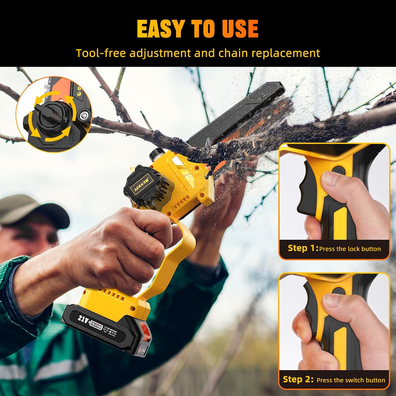 APROTII Mini Trononneuse à Batterie 8000mAh, 900W Brushless Scie à Batterie pour l'lagage, Tension de Chane Sans Outils, Trononneuse lectrique à Batterie pour la Coupe du Bois et Jardinage