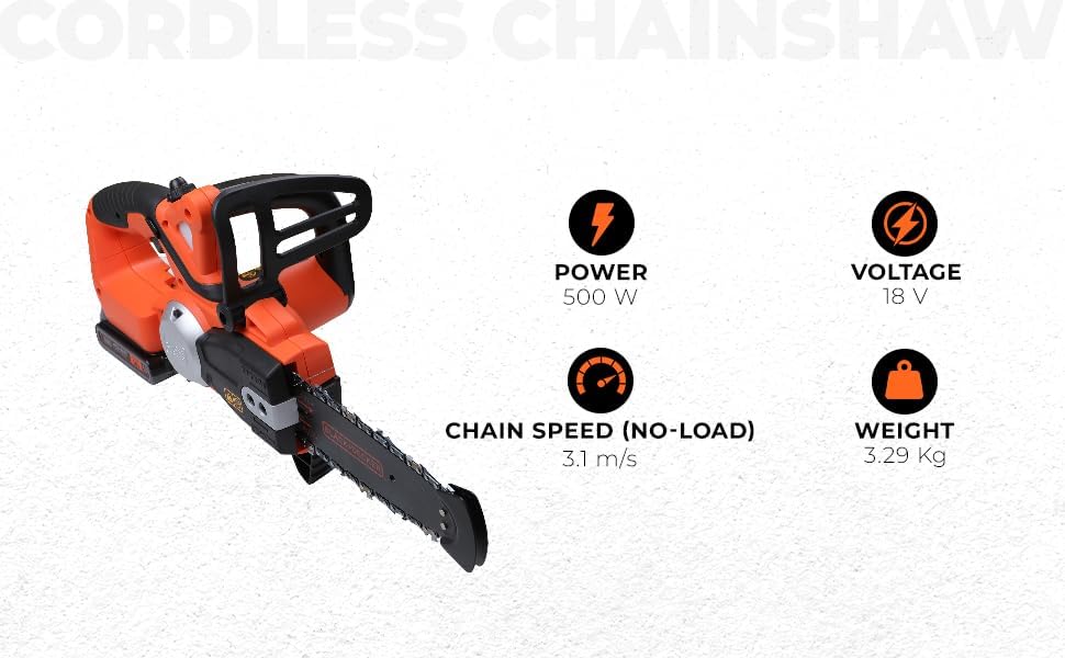 BLACK+DECKER - Trononneuse sans fil - 3,1 m/s - 2 Ah - réservoir de 25 ml - Double interrupteur - protection main gauche et frein de chaîne instantané - GKC1820L20-QW 