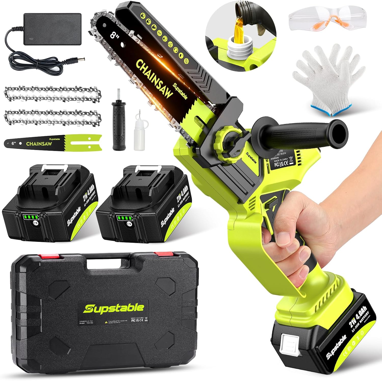 Supstable Mini Trononneuse à Batterie 6 et 8 Pouces, 8000mAh Trononneuse lectrique 900W Sans Fil, D'huile Automatique & Tension de Chane Sans Outil, Compatible avec Makita 18V