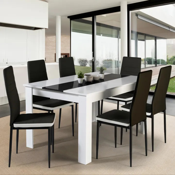Table à manger blanche et noire 140 cm et 6 chaises noires liseré blanc