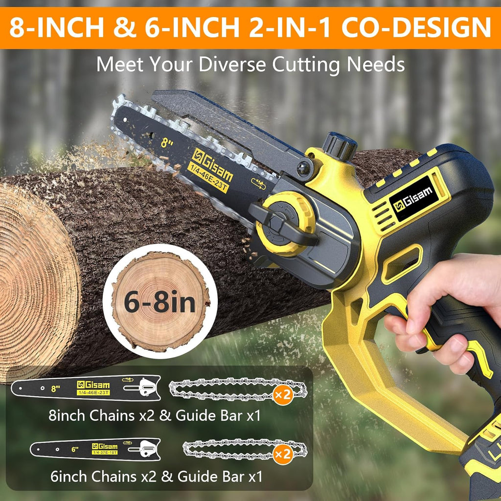 Mini Trononneuse à Batterie 8000mAh,6 et 8 Pouces Trononneuse électrique avec 900W Moteur Sans Balais,Automatique et Tension de Chane,Pour le Jardin,Les Branches et le Bois