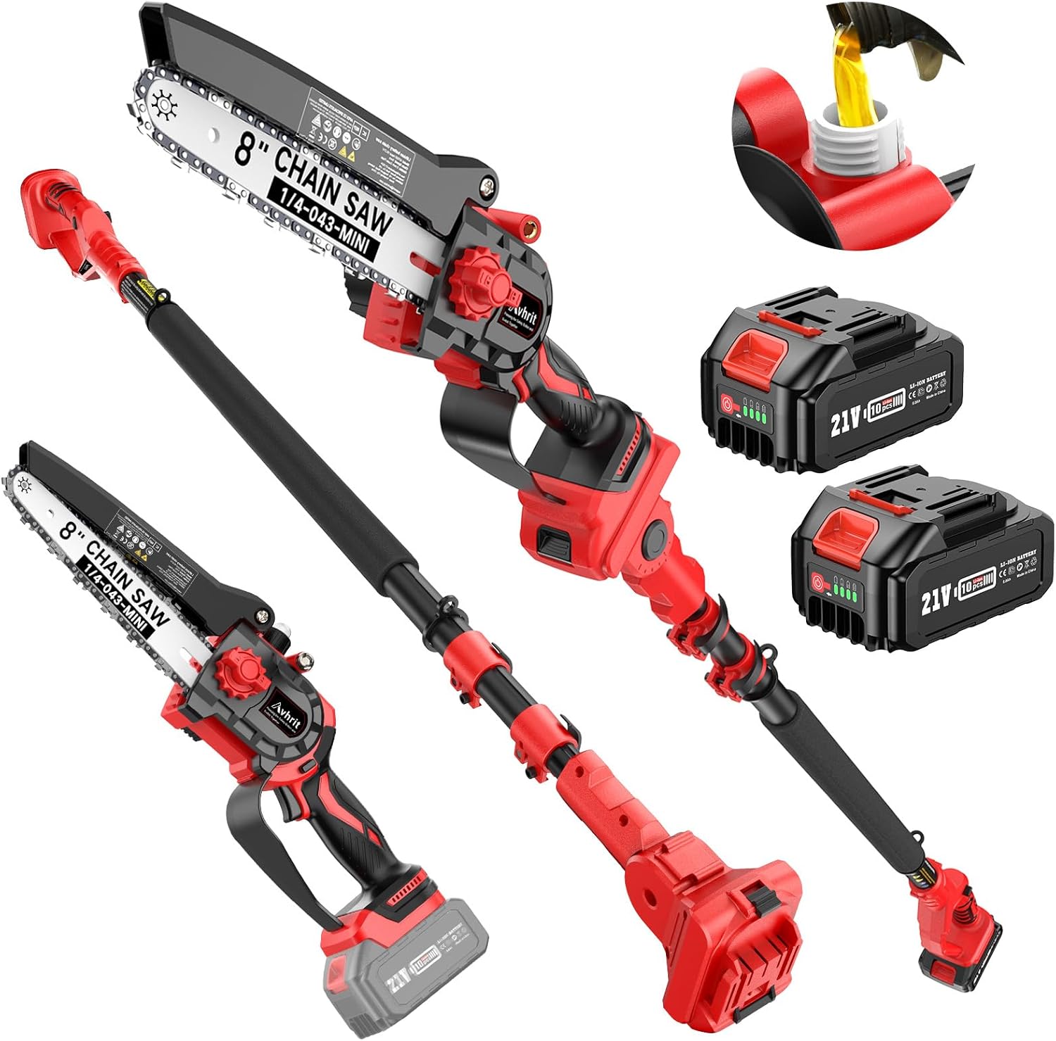 Avhrit Mini Trononneuse à Batterie, 8 Pouces, 8000 mAh Trononneuse lectrique Sans Fil Brushless avec 2 Batteries 4.0 Ah et Système de Lubrification, Idéale pour Branches, Cour et Jardin