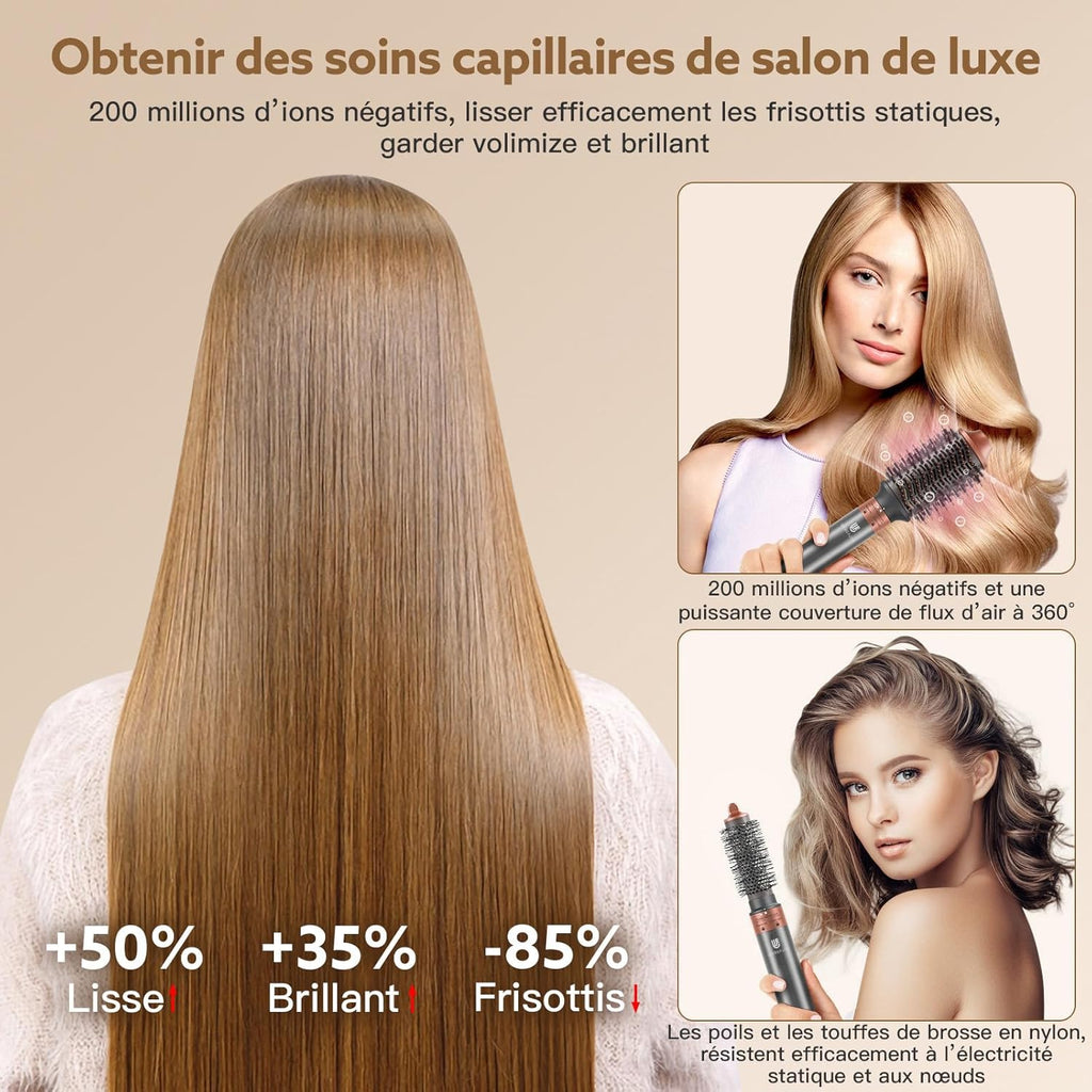 [5 in 1]webeauty Air Styler, 110000 TR/MIN, 20M/S Seche Cheveux 200 Million Ion Négatif Brosse Soufflante, Brosse Chauffante Brushing Volume, Brosse Ronde Chauffante, Air Fer a Boucler Automatique