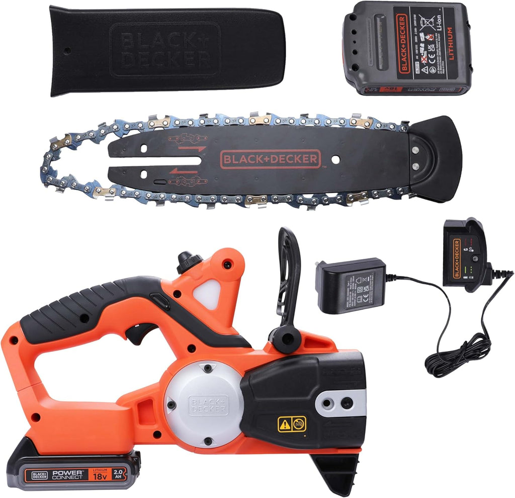 BLACK+DECKER - Trononneuse sans fil - 3,1 m/s - 2 Ah - réservoir de 25 ml - Double interrupteur - protection main gauche et frein de chaîne instantané - GKC1820L20-QW 