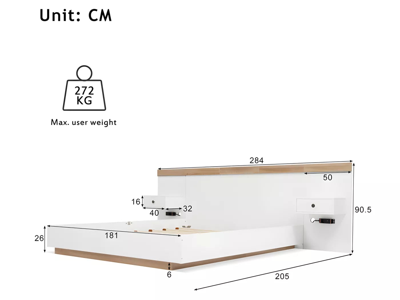 Lit adulte 180x200 cm en bois avec chevets suspendus + LED et ports USB + sommier à lattes - Blanc