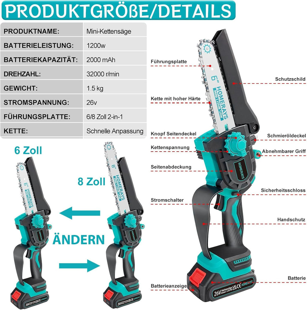 Mini Trononneuse a Batterie 4000mAh, 8 &amp; 6 Pouces Lubrificateur Automatique et électrique Trononneuse 2 * 2000mAh brushless Elagueur, Pour La Coupe Du Bois, Branches, L'élagage, La Cour, Jardin