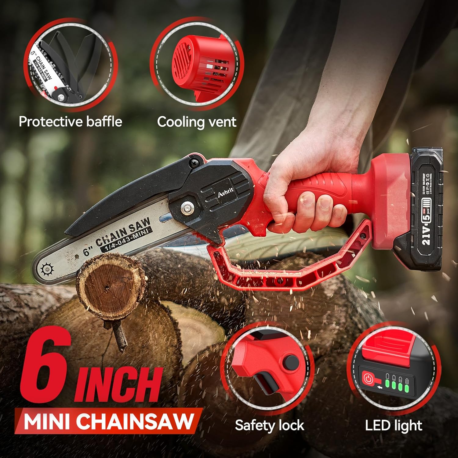 Avhrit Mini Trononneuse à Batterie, 8 Pouces, 8000 mAh Trononneuse lectrique Sans Fil Brushless avec 2 Batteries 4.0 Ah et Système de Lubrification, Idéale pour Branches, Cour et Jardin