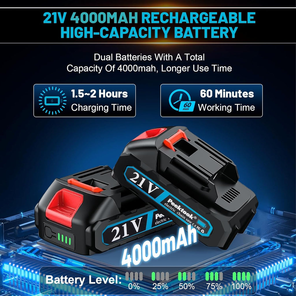 Mini Trononneuse à Batterie 6 Pouces, 4000mAh Mini Trononneuse lectrique Sans Fil avec 2 Batteries 2.0Ah, 2 Chanes, Vitesse de coupe de 10 m/s pour la Coupe du bois, l'élagage le Jardin