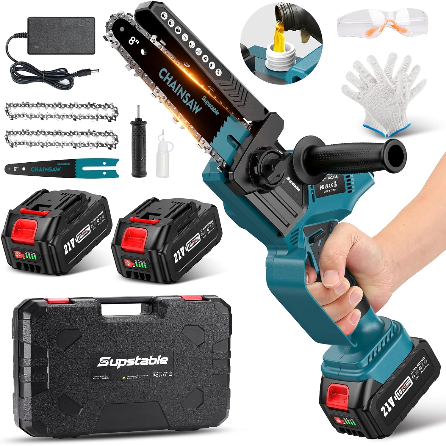Supstable Mini Trononneuse à Batterie 6 et 8 Pouces, 8000mAh Trononneuse lectrique 900W Sans Fil, D'huile Automatique & Tension de Chane Sans Outil, Compatible avec Makita 18V