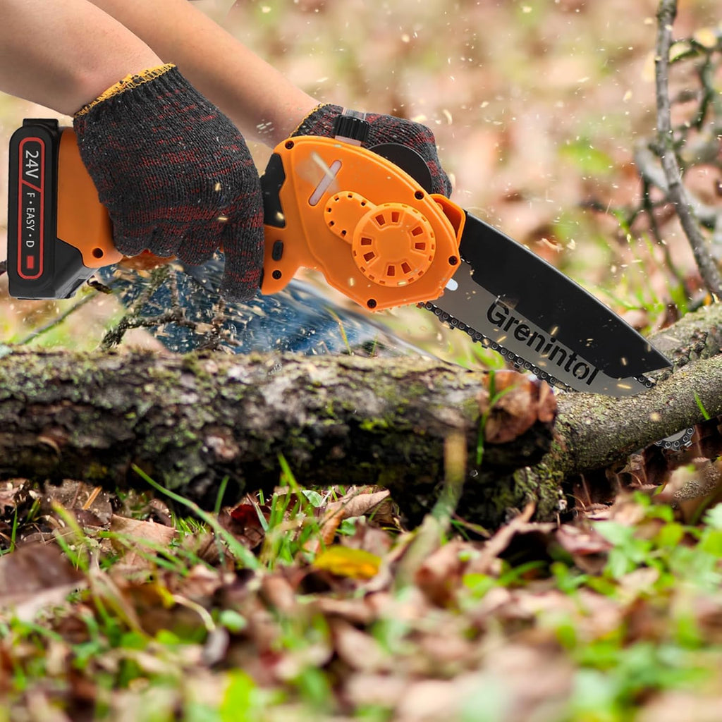 Grenintol Mini Trononneuse à Batterie, 8 Pouces Trononneuse lectrique sans Fil, 24V/1000W/6000mAh Mini Tronconneuse sans Fil avec 2 Batterie, 2 Chanes, Trononneuse lectrique pour Jardin