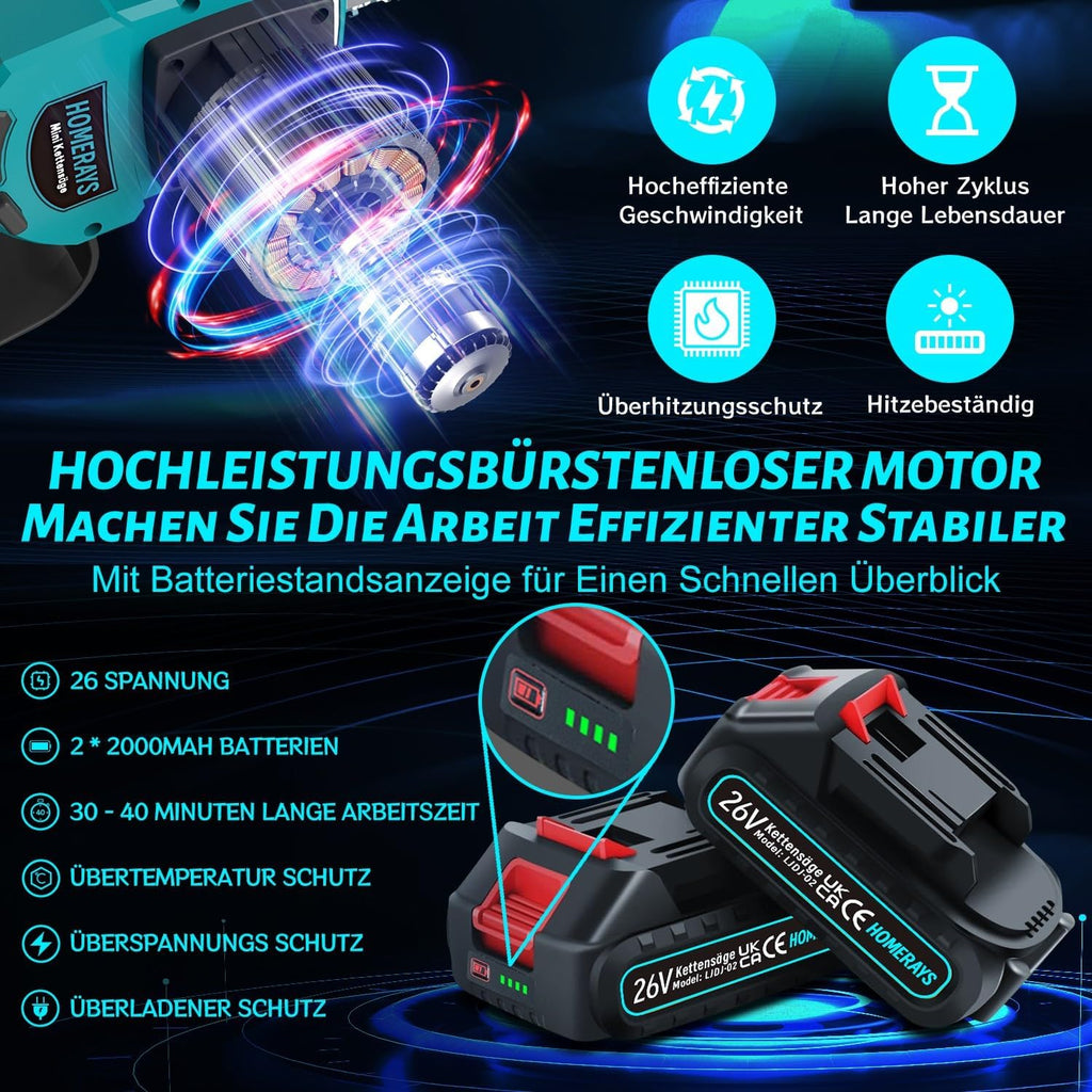 Mini Trononneuse a Batterie 4000mAh, 8 &amp; 6 Pouces Lubrificateur Automatique et électrique Trononneuse 2 * 2000mAh brushless Elagueur, Pour La Coupe Du Bois, Branches, L'élagage, La Cour, Jardin