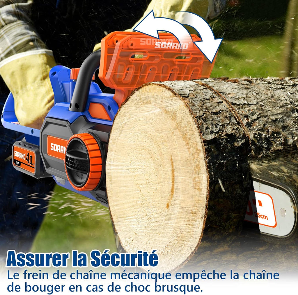 SORAKO Trononneuse Sans Fil 4.0Ah 18V, Tronconneuse a Batterie 25,4cm, Tendeur de Chaine Sans Outil (Comprend une batterie Li-Ion, chargeur rapide) Pour Couper du Bois Arbres Haies