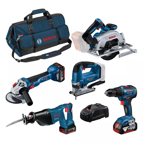 BOSCH COMBI-KIT 5 OUTILS 18V : GSR 18V-55 + GWS 18V-10 + GKS 18V-57-2 + GSA 18V-LI + GST ​​18V-125 B + 3 BATTERIES 4.0 AH + GAL 1880CV + SAC L (C) PROFESSIONAL