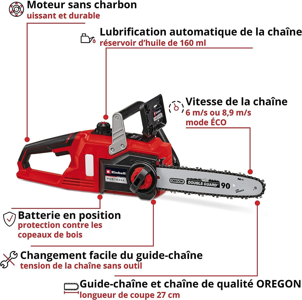 Einhell Trononneuse sans fil FORTEXXA 18/30 Solo - Power X-Change (18V, moteur sans charbon, guide-chane 30 cm, régime max 4 300 tr/min) Livré sans Batterie ni Chargeur