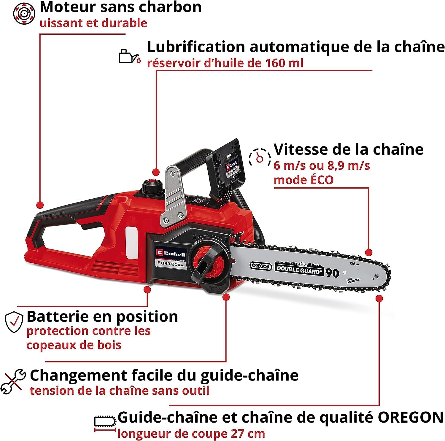 Einhell Trononneuse sans fil FORTEXXA 18/30 Solo - Power X-Change (18V, moteur sans charbon, guide-chane 30 cm, régime max 4 300 tr/min) Livré sans Batterie ni Chargeur
