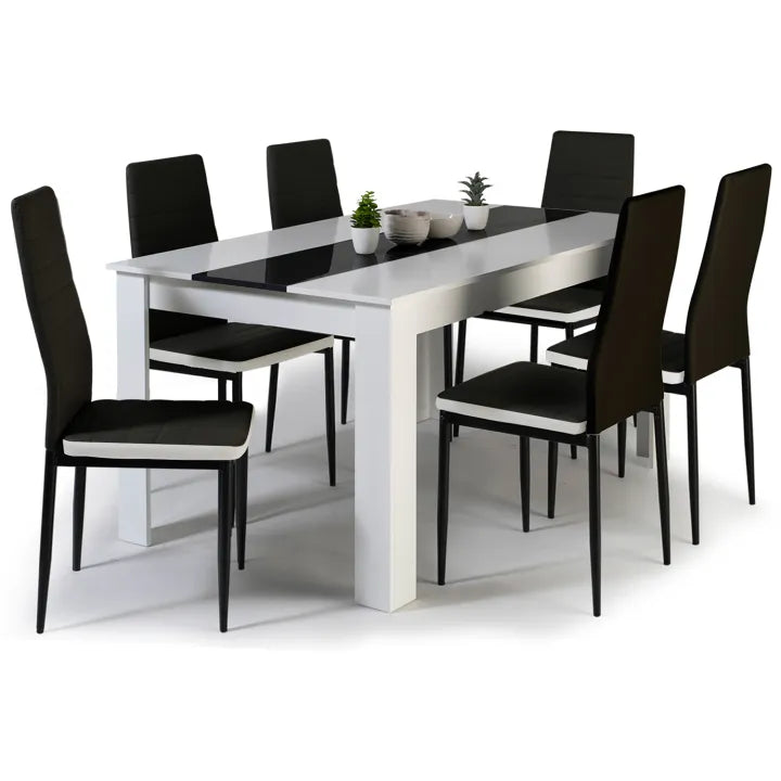 Table à manger blanche et noire 140 cm et 6 chaises noires liseré blanc
