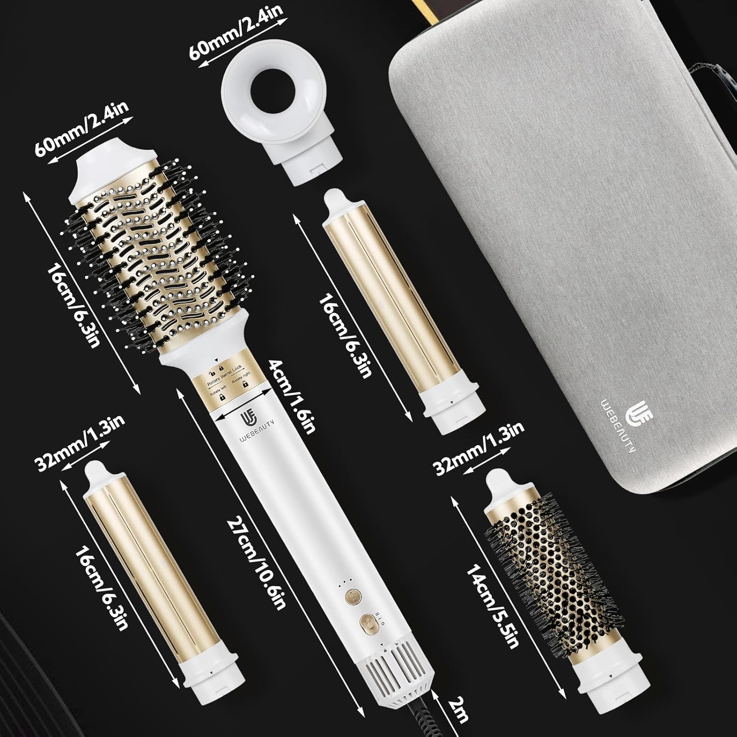 [5 in 1]webeauty Air Styler, 110000 TR/MIN, 20M/S Seche Cheveux 200 Million Ion Négatif Brosse Soufflante, Brosse Chauffante Brushing Volume, Brosse Ronde Chauffante, Air Fer a Boucler Automatique