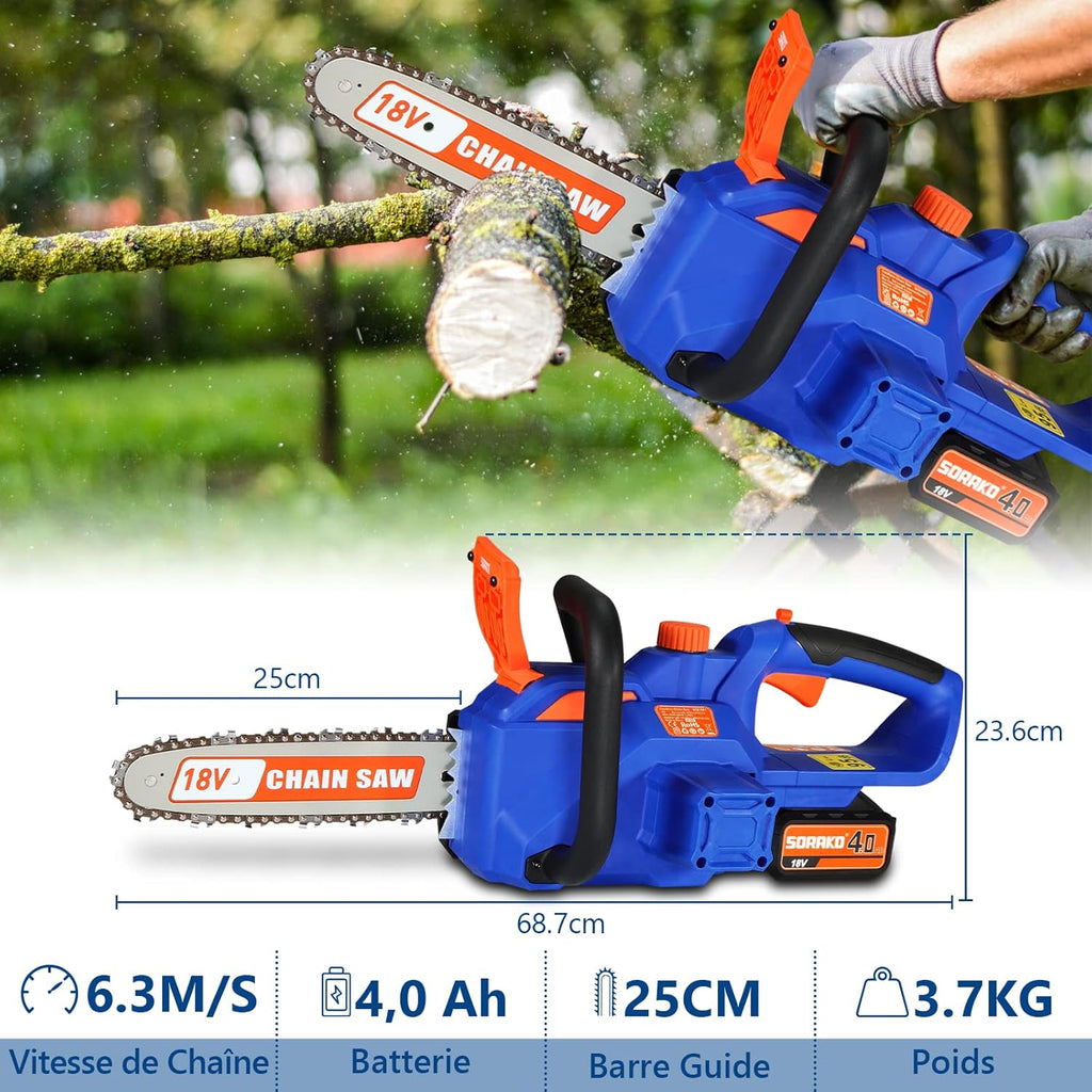 SORAKO Trononneuse Sans Fil 4.0Ah 18V, Tronconneuse a Batterie 25,4cm, Tendeur de Chaine Sans Outil (Comprend une batterie Li-Ion, chargeur rapide) Pour Couper du Bois Arbres Haies
