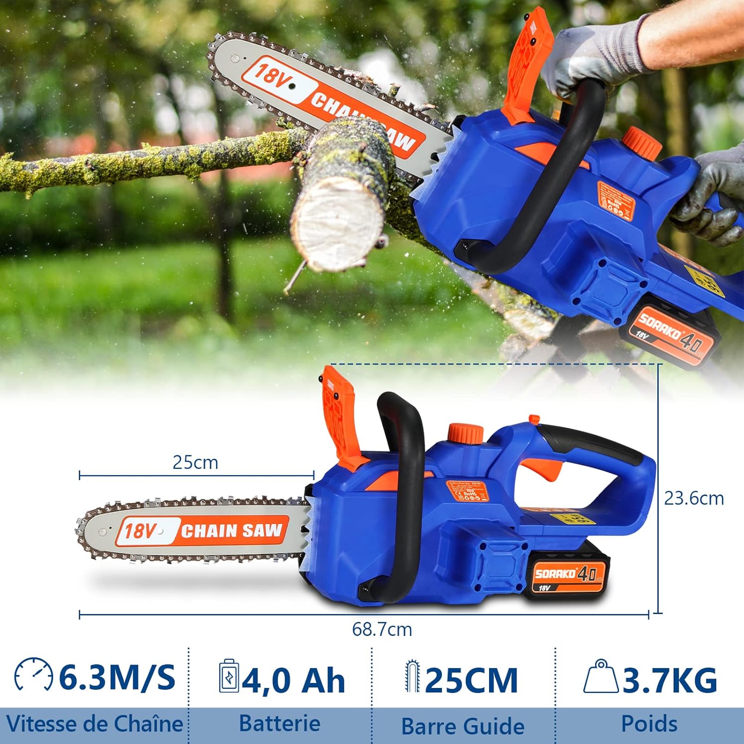 SORAKO Trononneuse Sans Fil 4.0Ah 18V, Tronconneuse a Batterie 25,4cm, Tendeur de Chaine Sans Outil (Comprend une batterie Li-Ion, chargeur rapide) Pour Couper du Bois Arbres Haies