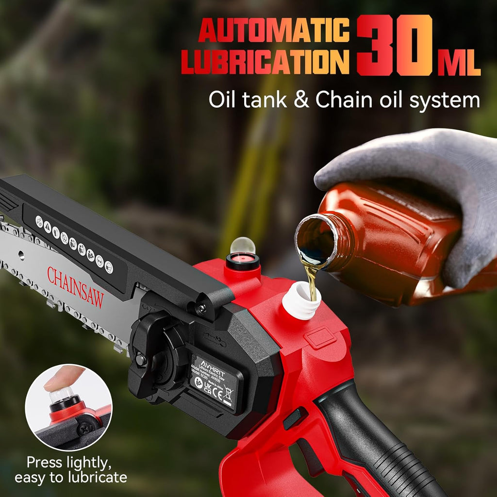 Avhrit Mini Trononneuse à Batterie, 8 Pouces, 8000 mAh Trononneuse lectrique Sans Fil Brushless avec 2 Batteries 4.0 Ah et Système de Lubrification, Idéale pour Branches, Cour et Jardin