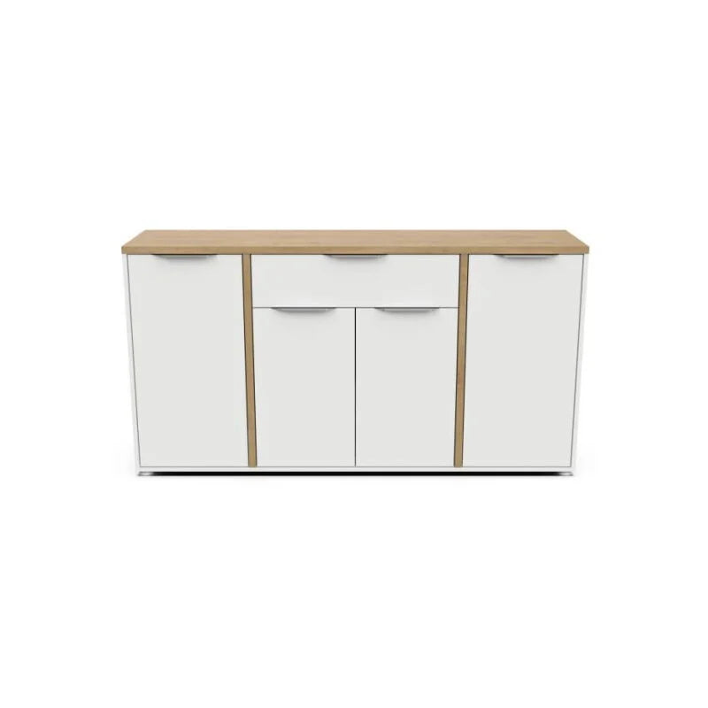 Ensemble Salon ACCESS : Table basse + Banc TV + Enfilade 4 portes - Decor chene Hamilton et blanc