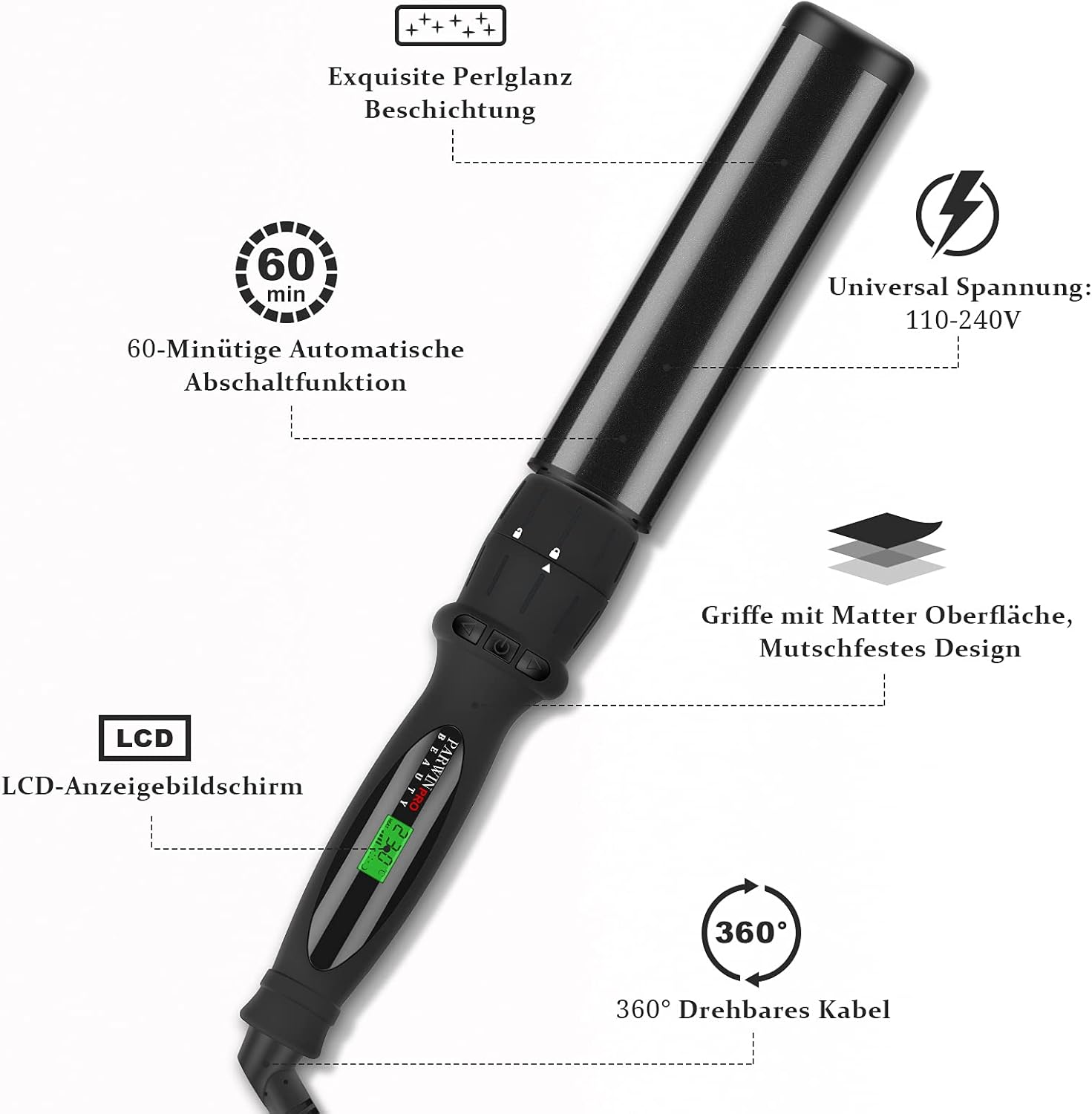 Fer a Boucler 7 En 1, Parwin Pro Beauty Boucleur a Cheveux, Professionnel Appareils Et Outils De Coiffure, Fer a Friser en Céramique avec 7 Baguettes Chauffantes, 100-230℃, cran LCD