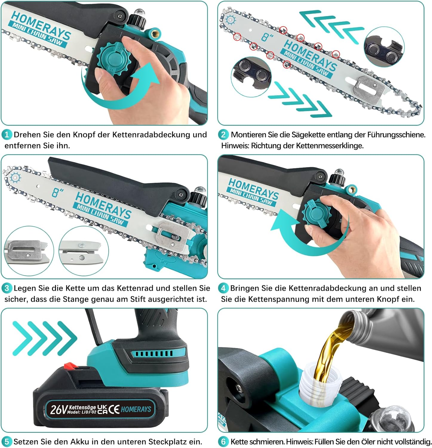 Mini Trononneuse a Batterie 4000mAh, 8 &amp; 6 Pouces Lubrificateur Automatique et électrique Trononneuse 2 * 2000mAh brushless Elagueur, Pour La Coupe Du Bois, Branches, L'élagage, La Cour, Jardin