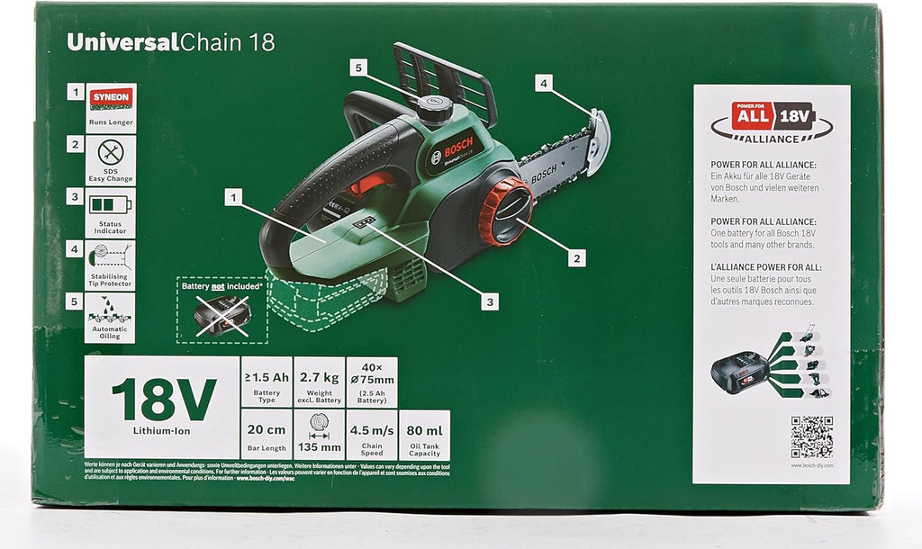 Bosch Home and Garden Trononneuse sans fil - UniversalChain 18 (Livrée sans batterie ni chargeur, avec huile 80 ml, système 18V, longueur de guide: 20cm) 06008B8001 Vert