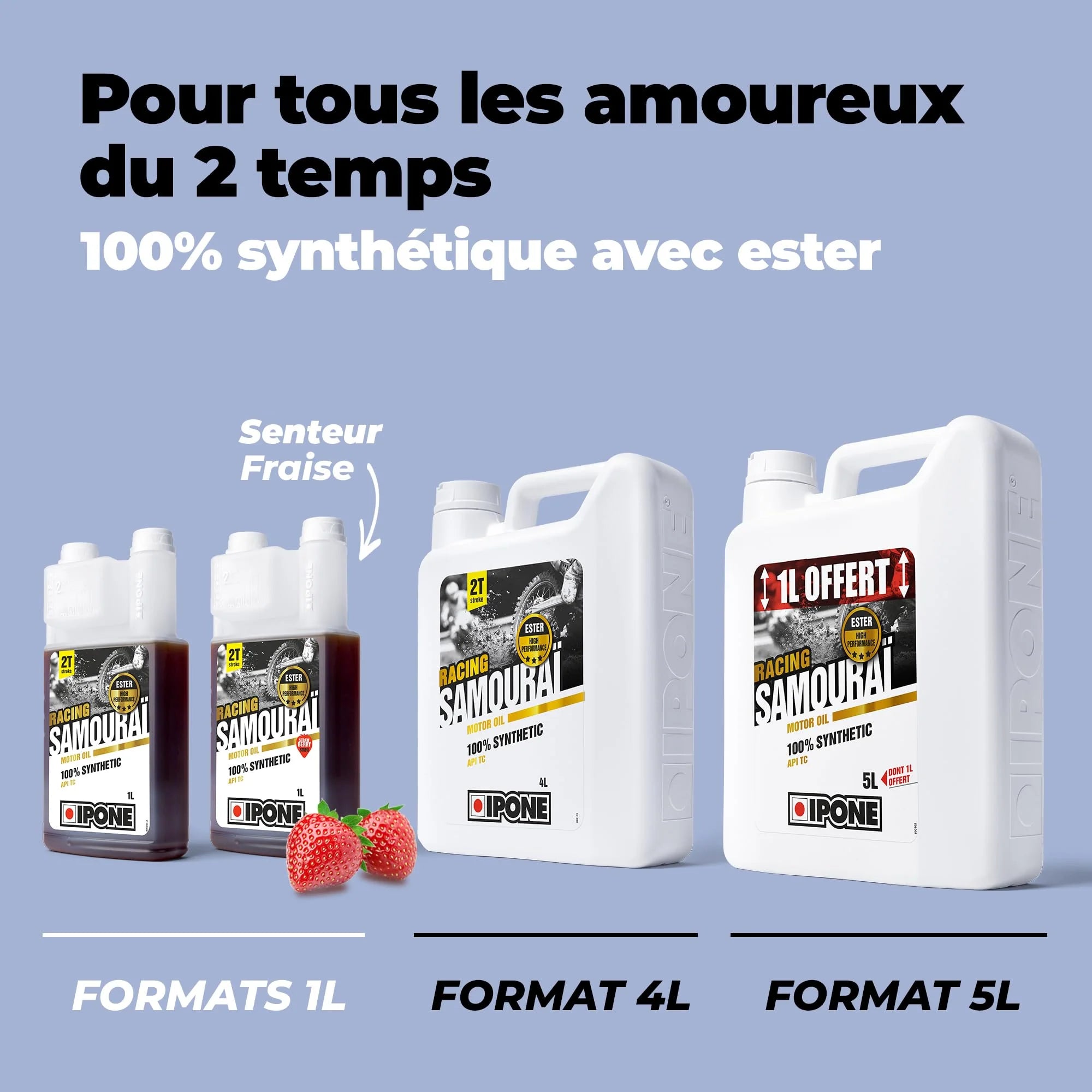 IPONE - Huile Moteur Moto 2 Temps Samouraï Racing - 100 % Synthétique avec Esters - Très Haute Performance – Compatible Mélange, Graissage Séparé, Systèmes d'injection - Bidon 5L dont 1L Offert