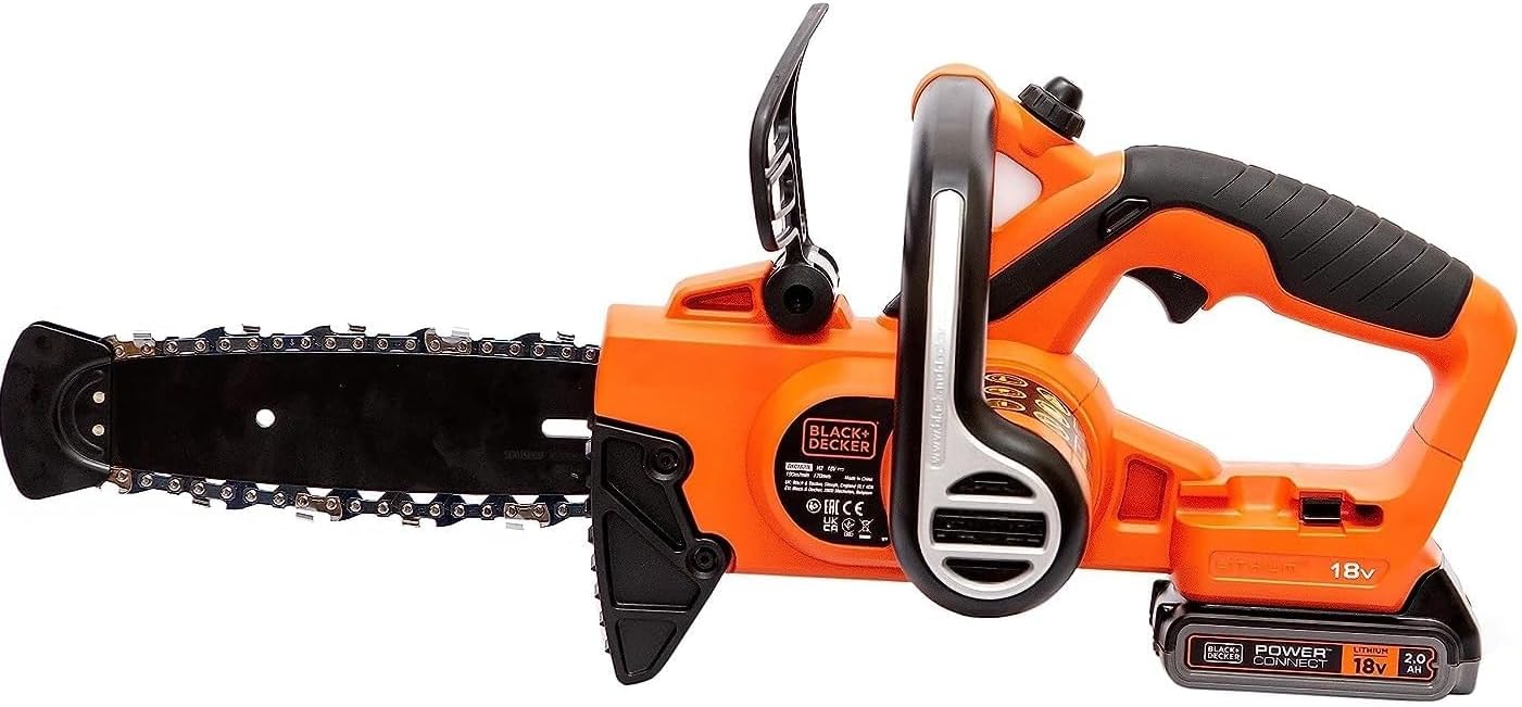 BLACK+DECKER Trononneuse Sans Fil 18 V 25 cm avec Batterie Li-Ion 2 Ah et Chargeur - Scie à Chane avec Lubrification Semi-Automatique - Tendeur de Chaine Sans Outil GKC1825L20-QW