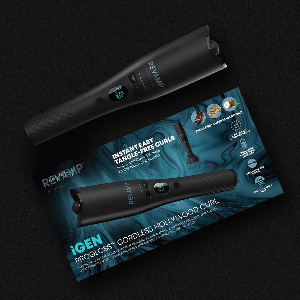 Revamp Friseur Rotatif Automatique iGen Progloss Sans Fil Hollywood Curl - Friseurs Automatiques Effet Ondulé, Cheveux Bouclés Soyeux, Fer à Friser à Options Chauffage Variables