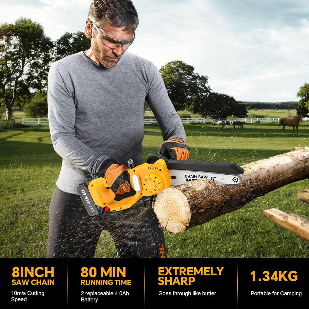 APROTII Mini Trononneuse à Batterie 8000mAh, 900W Brushless Scie à Batterie pour l'lagage, Tension de Chane Sans Outils, Trononneuse lectrique à Batterie pour la Coupe du Bois et Jardinage