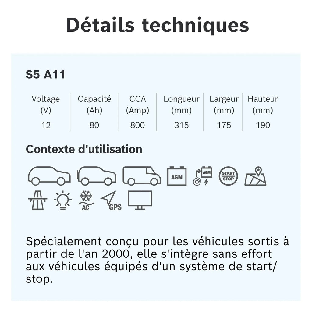 Bosch S5 A11 Batterie Auto 80 A/h - 800 A - Batterie 12 V, AGM Plomb-acide pour Véhicules avec Système Start/Stop, (-) (+), 315 x 175 x 190 mm - Pour Véhicules avec Récupération d'Énergie au Freinage