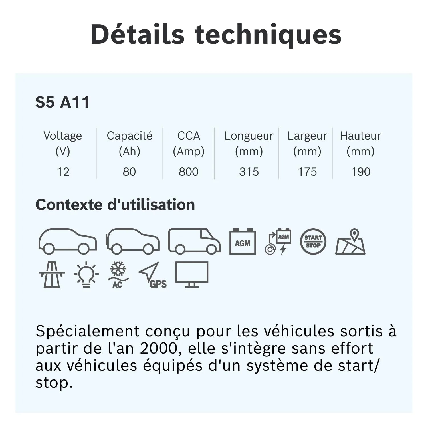Bosch S5 A11 Batterie Auto 80 A/h - 800 A - Batterie 12 V, AGM Plomb-acide pour Véhicules avec Système Start/Stop, (-) (+), 315 x 175 x 190 mm - Pour Véhicules avec Récupération d'Énergie au Freinage