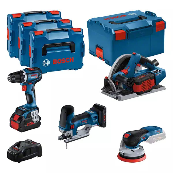 BOSCH COMBI-KIT 4 OUTILS 18 V : GSR 18 V-90C + GKT 18 V-52GC + GST ​​18 V-155 SC + GEX 18 V-125 + 1 BATTERIE 4,0 AH (PROCORE) + 2 BATTERIES 5,5 AH (PROCORE) + GAL 1880CV (L)PROFESSIONAL
