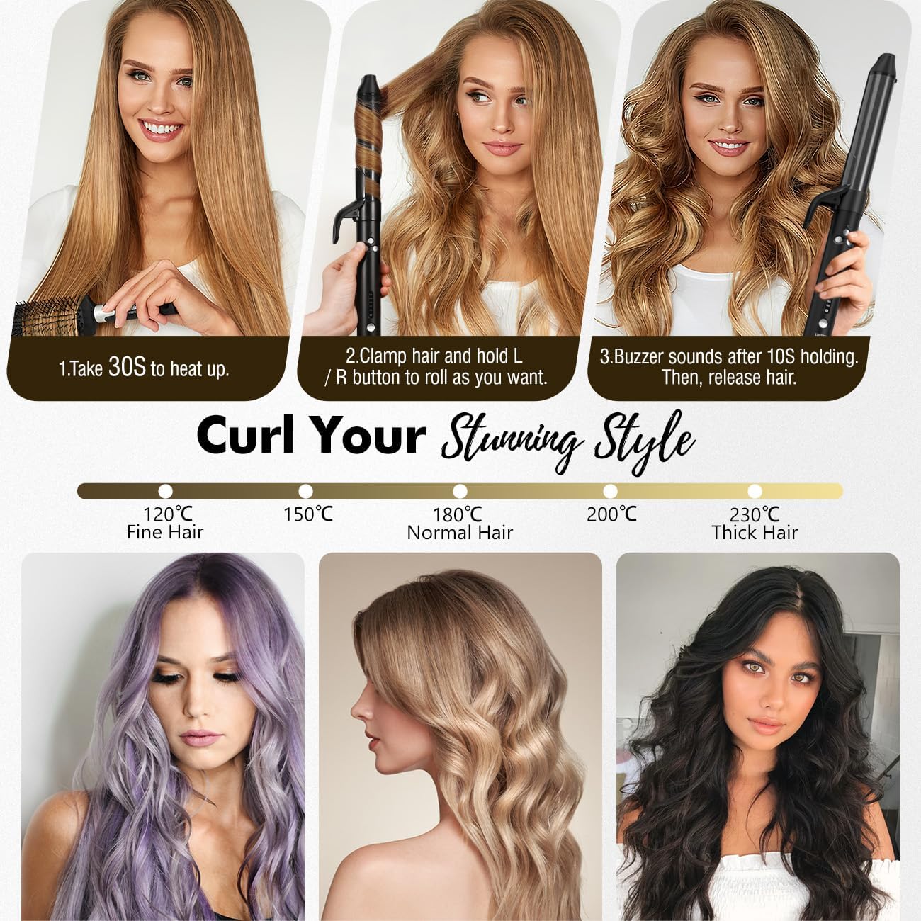 Luxspire Boucleur a Cheveux Automatique, 32mm Fer à Boucler Rotation à 360° Boucleur Automatique Revêtement en Nano Titane 120-230 TempératuresRéglable Fer à Friser pour Cheveux Longs et Moyens, Noir