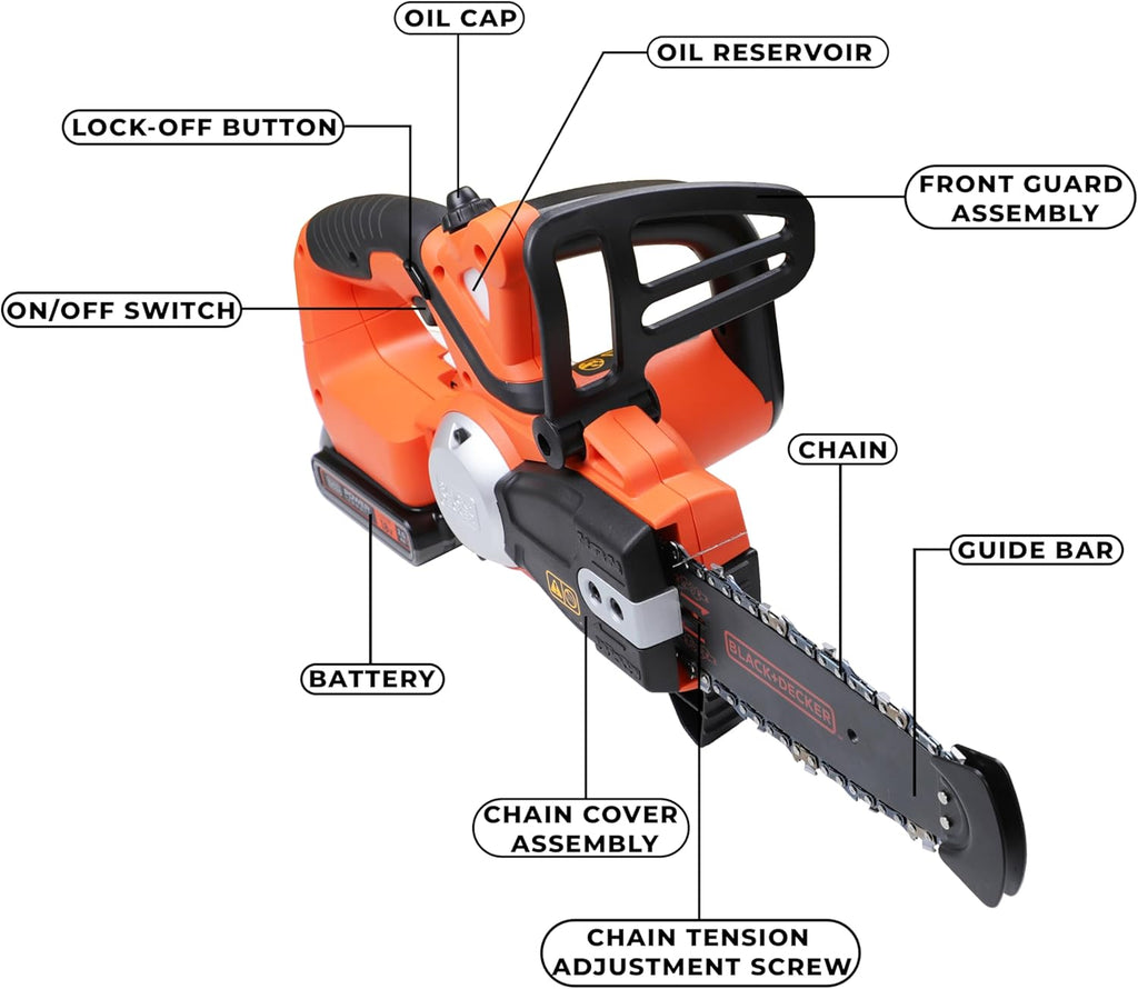 BLACK+DECKER - Trononneuse sans fil - 3,1 m/s - 2 Ah - réservoir de 25 ml - Double interrupteur - protection main gauche et frein de chaîne instantané - GKC1820L20-QW 