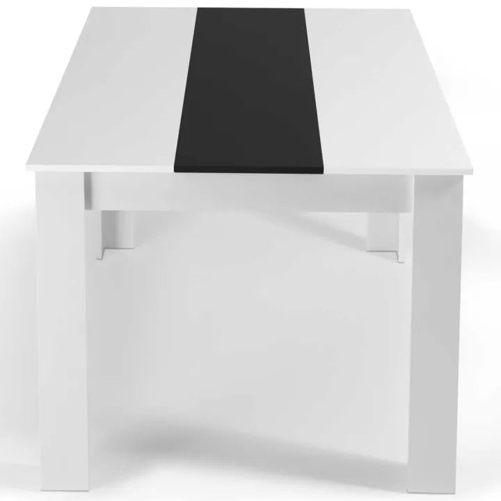 Table à manger blanche et noire 140 cm et 6 chaises noires liseré blanc